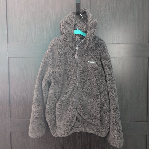 Eddie Bauer Youth (Kids 7/8) Grey Sherpa Fleece Jacket with Hood - Picture 1 of 4